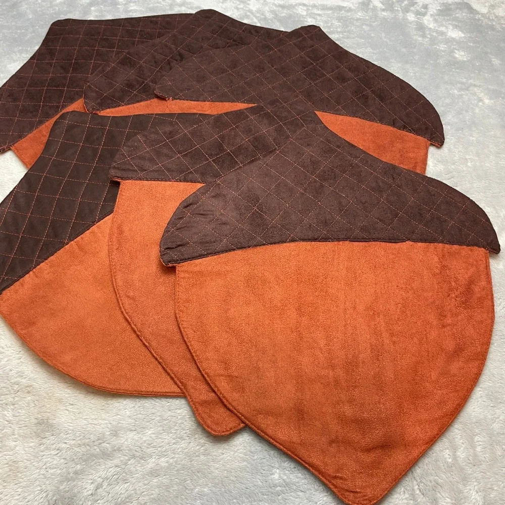 6 Thanksgiving Acorn Placemats Orange Brown Faux Suede Quilted Fall Harvest